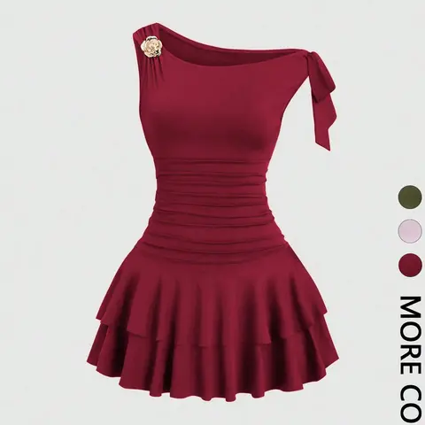 Women's Asymmetric One Shoulder Sleeveless Mini Dress, Elegant Sleeveless Bodycon, Fitted Design, Detachable Metal Flower Embellishment, Shoulder Tie Detail, Ruched Waist, Layered Ruffle Hem, Stretchy Knit Fabric, Date Night Dress, Multiple Colors