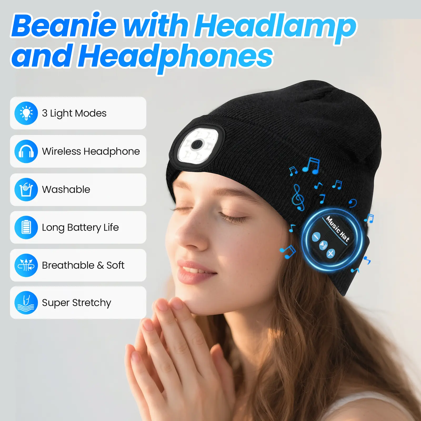 LED Beanie with Light & Wireless Headphones Unisex Rechargeable Beanie Hat 3 Light Modes Washable Super Stretchy Christmas Birthday Gift