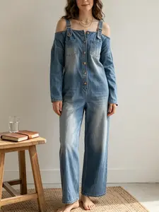 Womens Sexy Off The Shoulder Denim Jumpsuit Wide Leg Overalls Pockets Y2K Streetwear Suspender Romper Baddie Fashion Baggy Jeans One Piece Casual Summer Festival Wear Effortless Chic 2026 Trendy Outfit Flattering Relaxed Fit Apparel