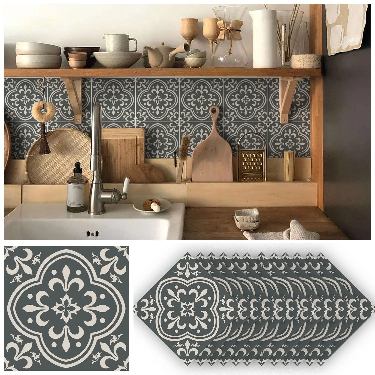 12pcs Classic Iris Texture Tile Wall Stickers, Vintage Thick Waterproof Bathroom Kitchen Backsplash Self-Adhesive Removable Wallpaper Tiles Sticker Waterproof Wall Decal, Kitchen Bathroom Decoration