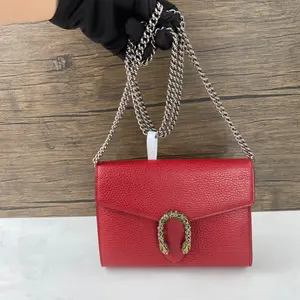 Pre-owned GUCCI leather Crossbody Bags Dionysus red chain bag, iconic tiger head crystal detail. QG1533#
