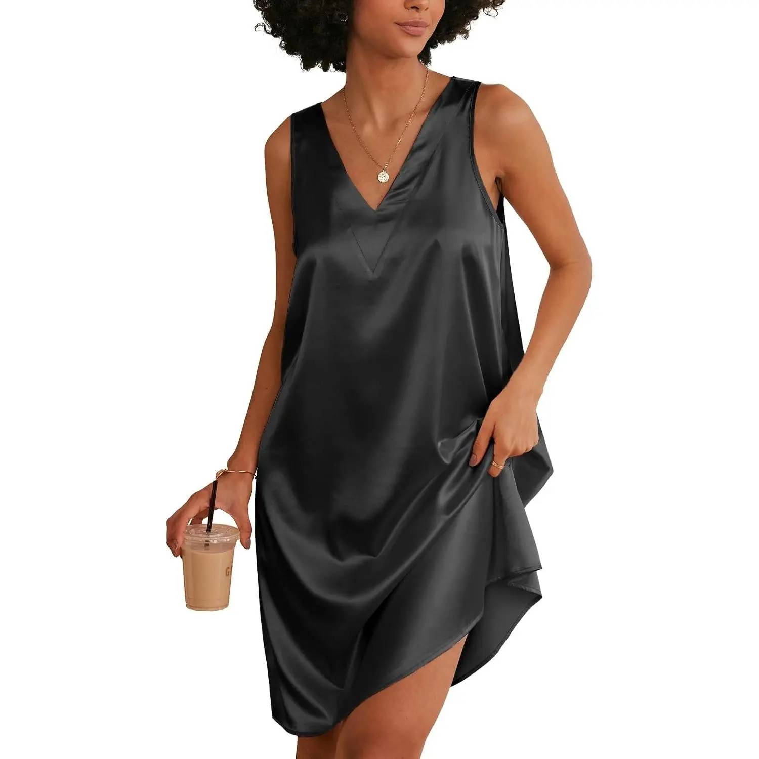 Women's Satin Silk Nightgown V Neck Nightie Tank Sleepshirt Sleeveless Summer Dress Comfy Loungewear