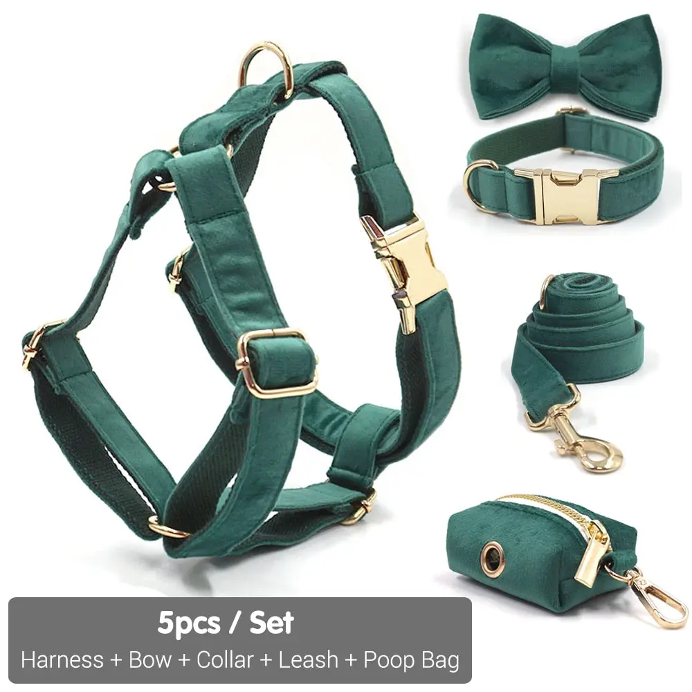 Kelly Green Velvet Collar, Harness, Bow/Bowtie, Leash, and Waste Bag Holder Kelly Green Velvet Collar, Harness, Bow/Bowtie, Leash, and Waste Bag Holder