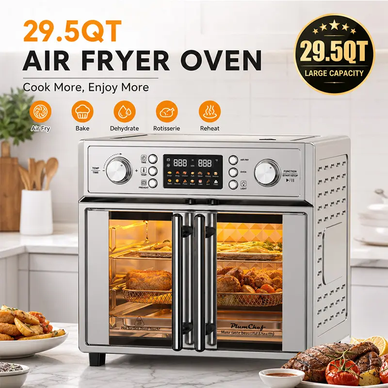 29.5QT Extra Large Stainless Steel Air Fryer Toaster Oven Combo, 1700W Powerful Convection Countertop Oven with Double Glass Doors, Bake, Broil, Toast, Rotisserie, Pizza Functions, Family-Size Kitchen Appliance for Healthy Oil-Free Cooking