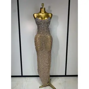 Luxury Rhinestones Sexy Mesh See Through Bodycon Dress Women Birthday Evening Cocktail party Gown Red Carpet Club Stage Outfit
