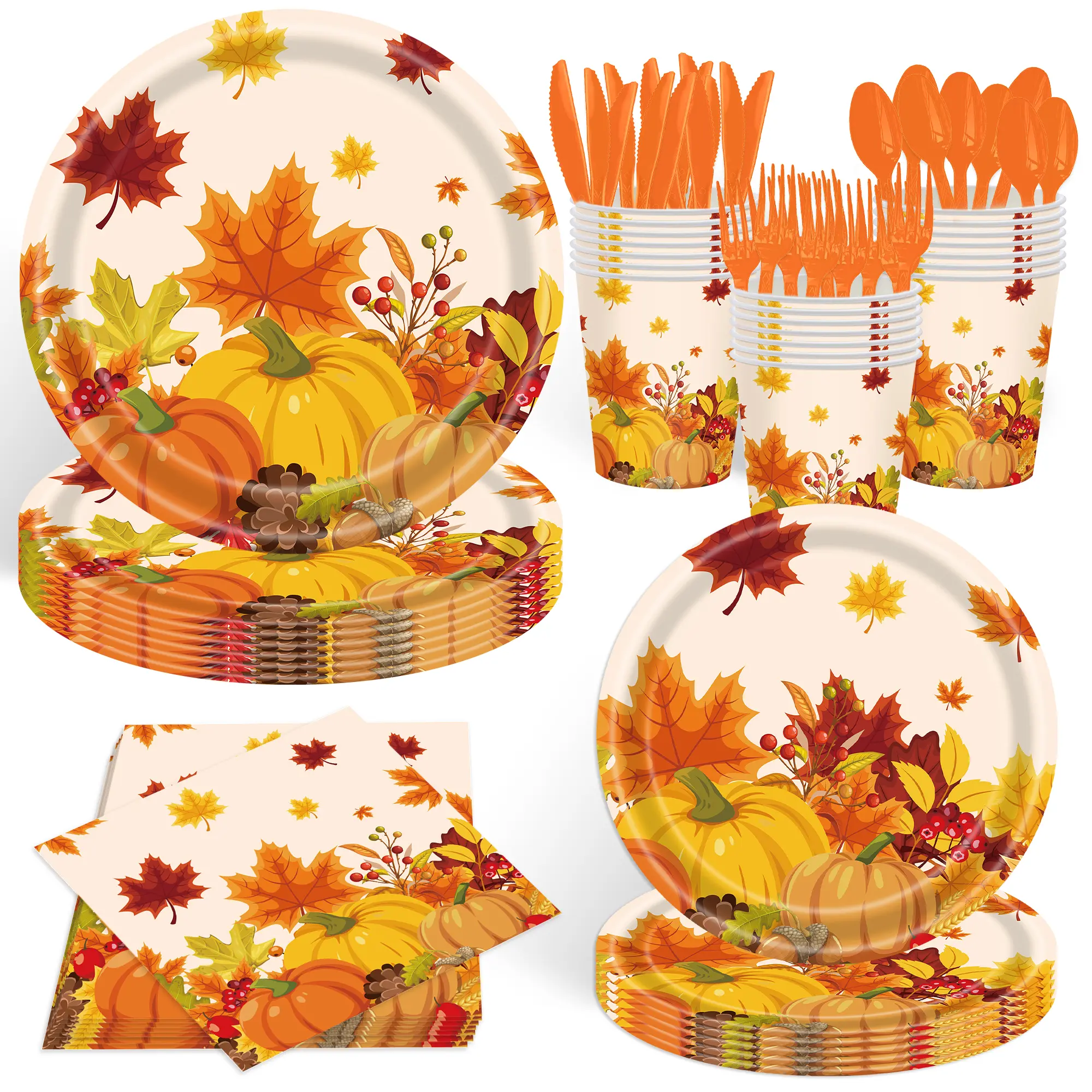 140Pcs, Thanksgiving Day Party Supplies Pumpkin & Leaf Theme Disposable Plates & Napkins Cups- Complete Set for Thanksgiving, Fall Harvest, Autumn Birthday Party Decorations Pumpkin Paper Plates, Serve for 20 Guest
