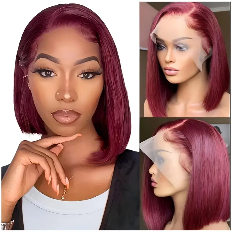 human hair bob 99J Bob Wig Human Hair Wigs 13X4 Straight Lace Front Wigs for Black Women Pre Plucked 180% Density Straight Burgundy Human Hair Short Bob Wig Human Hair (99J Bob Wig 10inch)