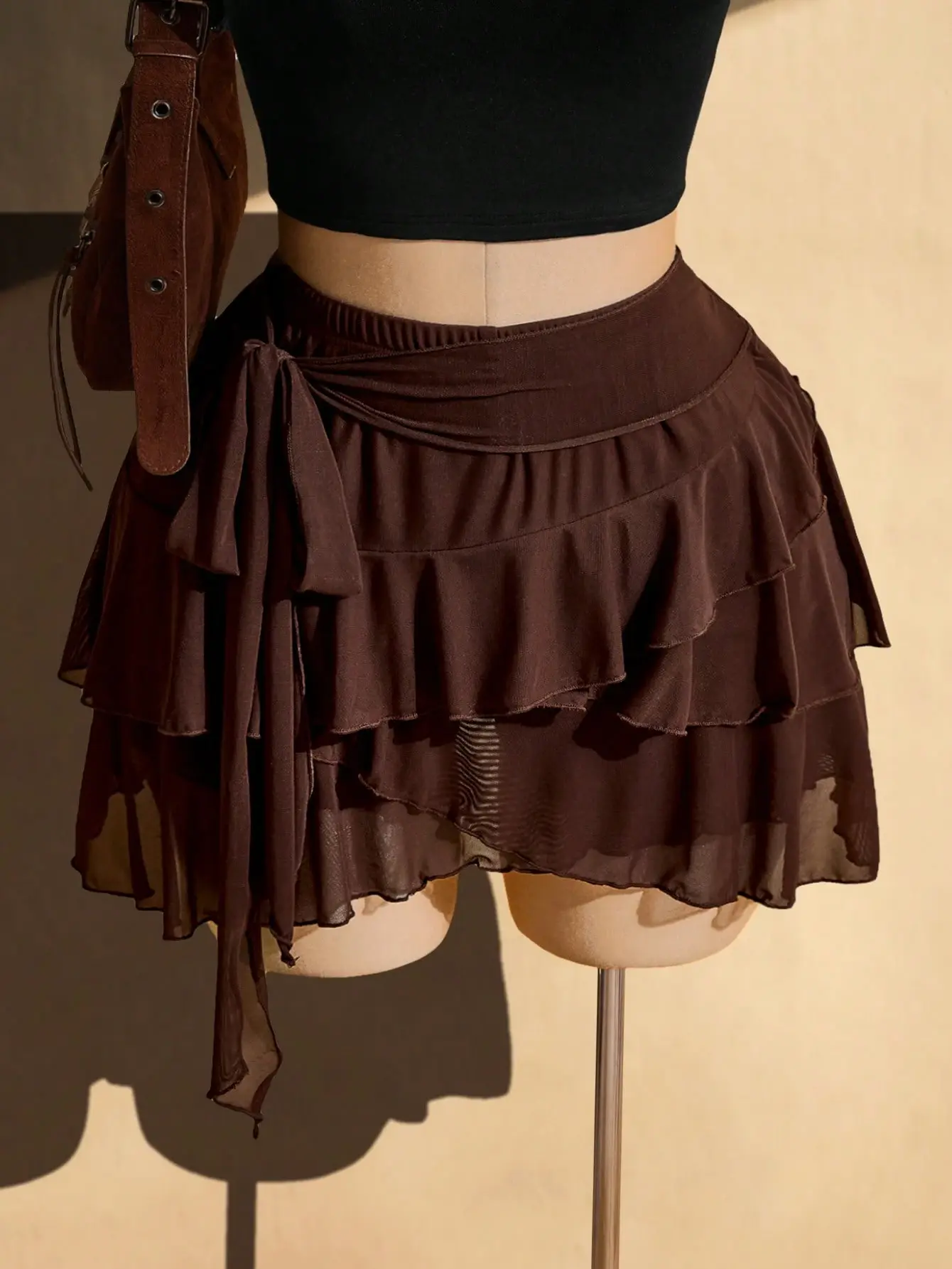 VYNCE Chocolate Brown Retro Mesh Skirt Plus Size Multi-Layer Ruffled Side-Strap Y2K Bohemian Flowy Summer Skirt