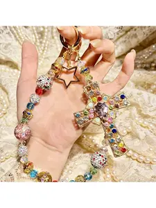 Heavy-duty colorful diamond cross phone chain, light luxury beaded phone lanyard, high-end keychain bag chain