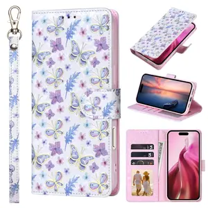 Fashion Flower & Butterfly Pattern Flip Wallet Phone Case with Card Slot, PU Leather Phone Case with Stand & Anti-theft Brush Function for Women & Girls, Cover
