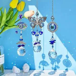 Turkish Evil Eye Crystal Suncatcher Hanging Ornament, Blue Nazar Eye Rainbow Prism Sun Catcher Pendant, Window Garden Car Hanging Wind Chime Decor