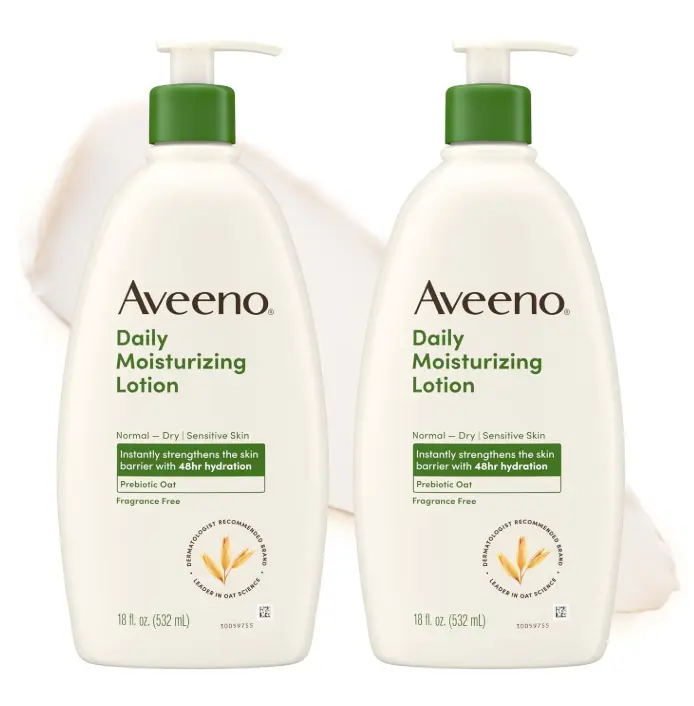 Aveeno Daily Moisturizing Body Lotion for Normal to Dry Skin with Soothing Prebiotic Oat, Non Greasy, Non Comedogenic, Fragrance Free Body Lotion for Women & Men, 18 fl oz