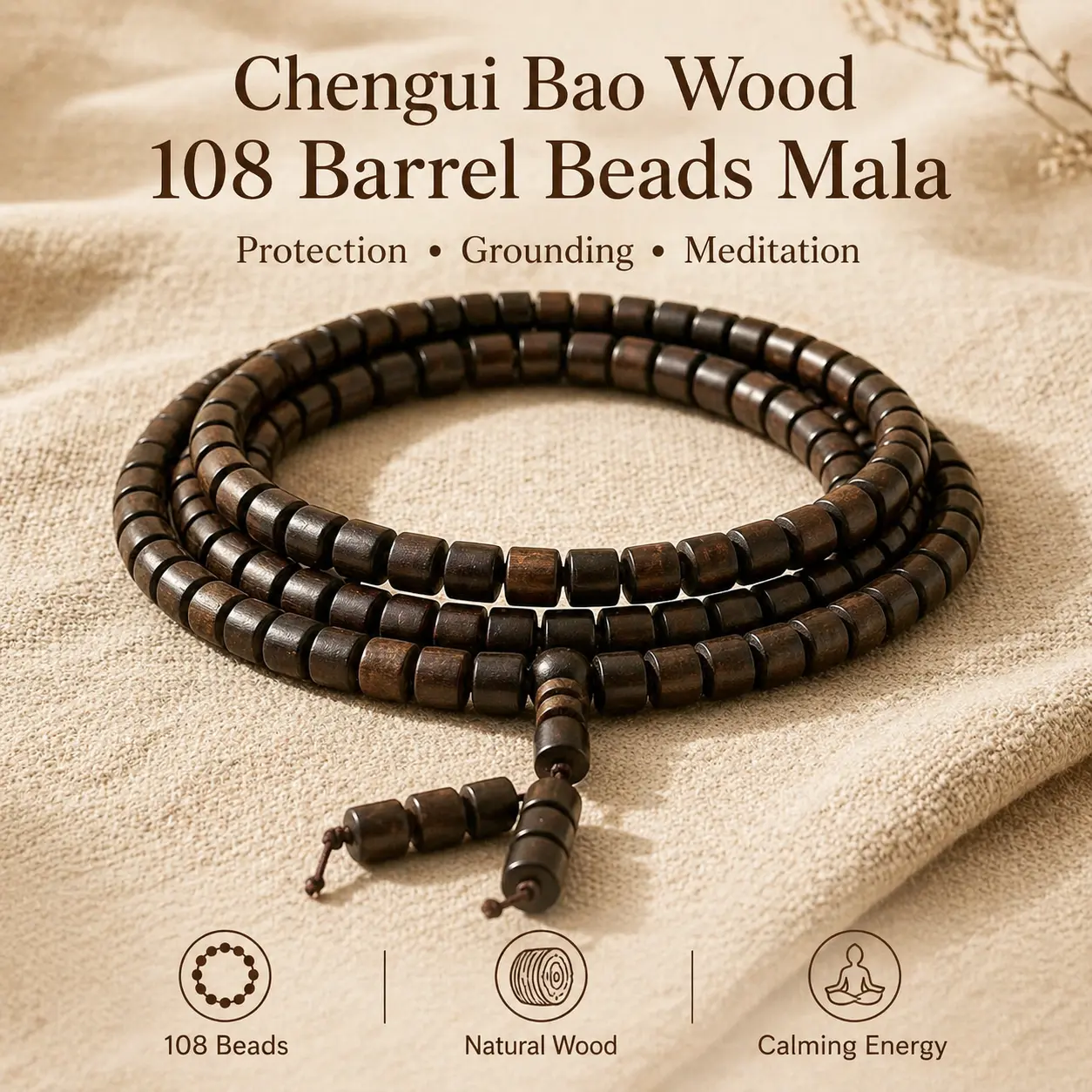 Unisex 108 Beads Natural Wood Mala Necklace - 8mm Solid Barrel Prayer Beads, 88cm Protection Charm Spiritual Jewelry for Meditation & Daily Wear