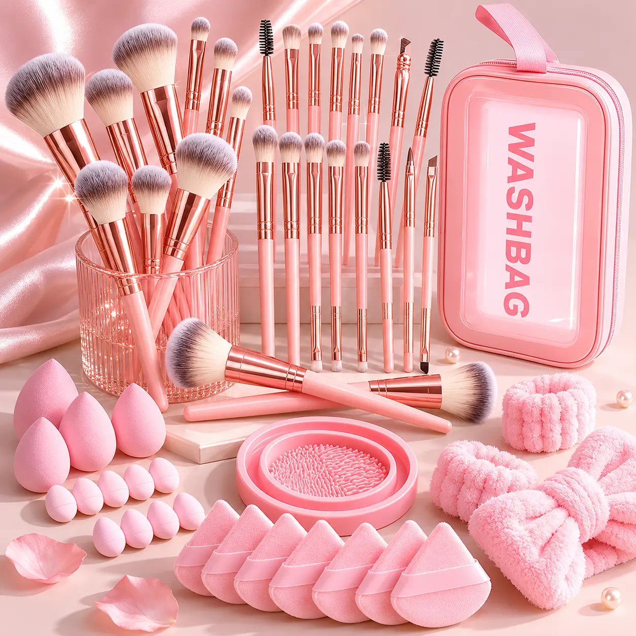 54PCS Luxury Ultra-Soft Makeup Brush Set with Beauty Blender, Powder Puff, Brush Cleaner, Cosmetic Bag – Flawless Contour, Blush Tool Kit for Teens, Daily Use Beginners, Makeup Storage Bag