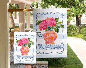 Personalized Hydrangea Garden Flag Mothers Day Gift Custom Family Name Floral Flag Preppy Porch Decor Pink Chinoiserie Vase Spring Yard Flag