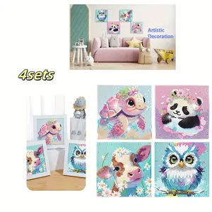4 Packs Cartoon Diamond Art Kits for Youngers,Cute Animals DIY Diamond Arts Mosaic Kits for Adults Beginner,Full Round Drill Gem Art for Home Wall Decor