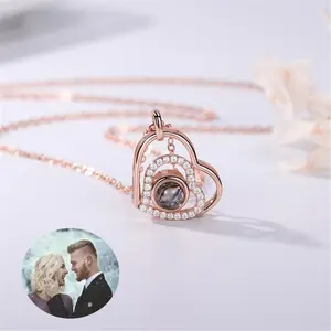 Sterling Silver Projection Double Heart Custom Personalized Photo Necklace Memorial Photo Gifts For Her