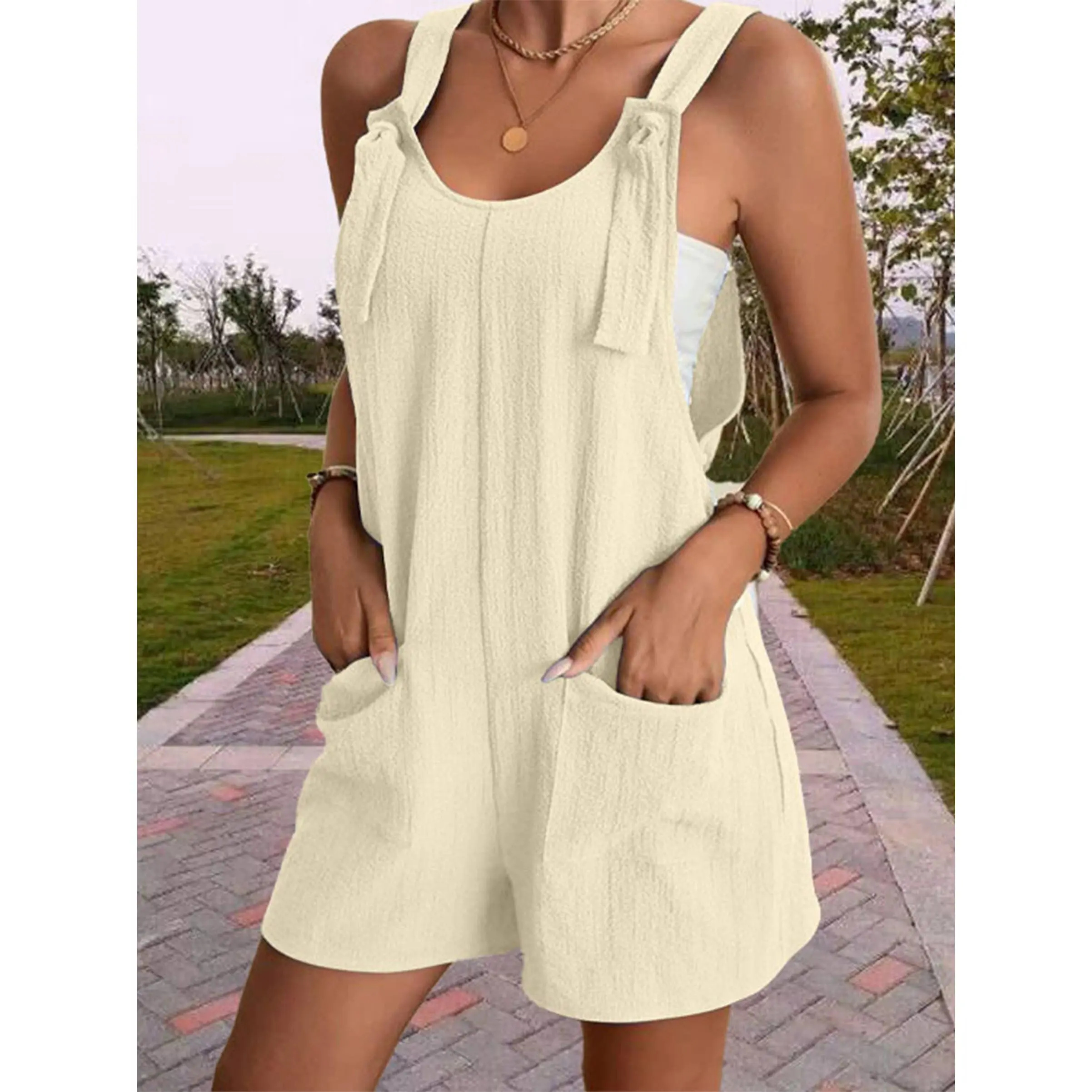 Shoulder Strap Pocket Textured Romper