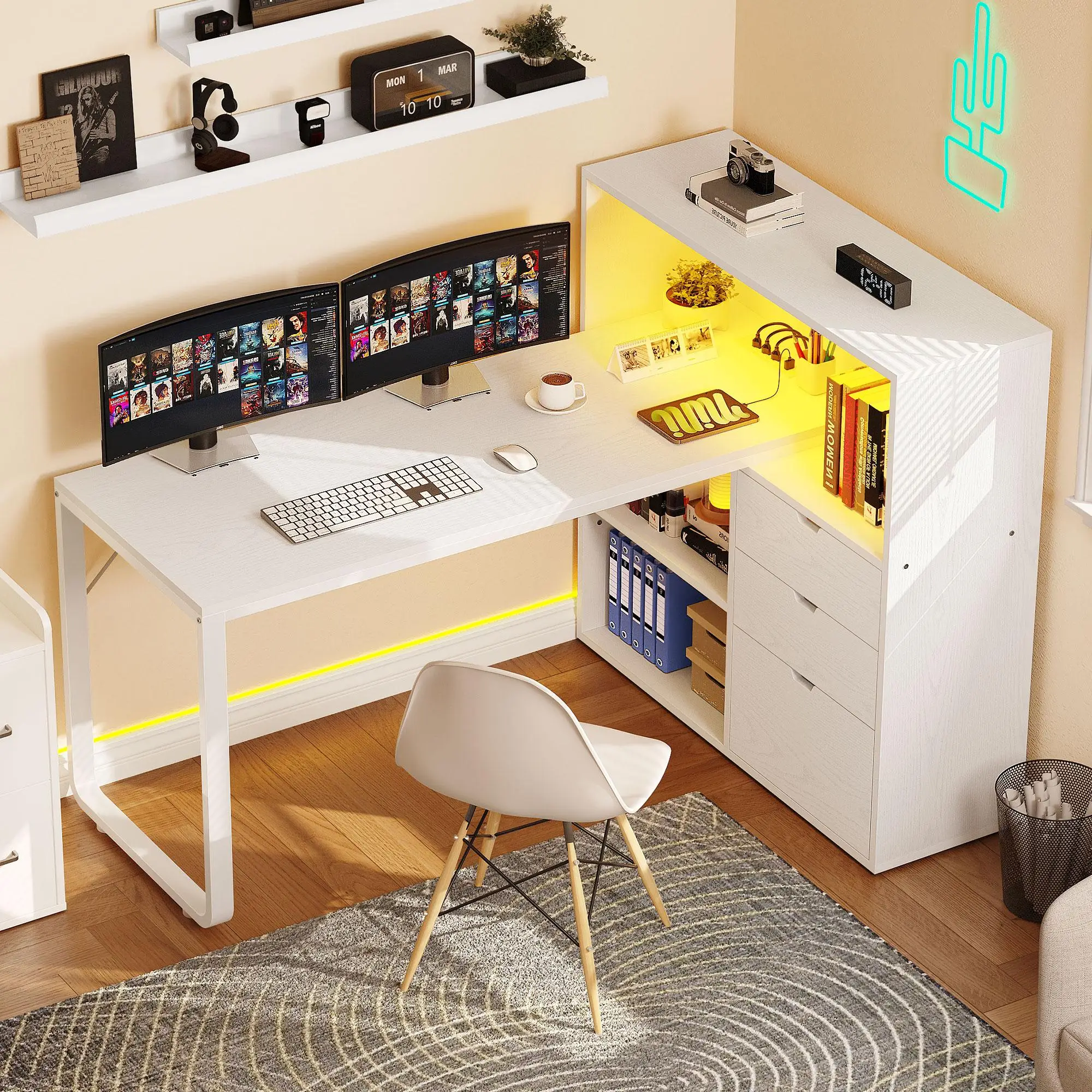 DWVO L Shaped Desk with Power Outlets & LED Lights & File Cabinet, 55" Corner Computer Desk with Drawers & Storage Shelves, Home Office Desk with Book