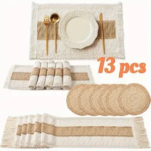 13 PCS Boho Placemats- Handmade Grass Woven Meal Mats and Natural Cotton Linen Burlap, with 1 Macrame Burlap Table Runner 12x70inch, Table Mats Set for Dining Table Kitchen