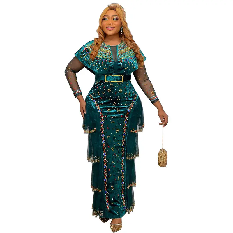 Women's Elegance Formal Dresses - Off-Shoulder Short Sleeve Teal Velvet Below-Ankle Maxi with Embroidered Details, Belted Waist, Satin A-Line Cape Splicing, Vintage Lace Trim, Sparkle Tulle, Open Ruffle, Asymmetric Bow for Wedding Guest, Quinceaera
