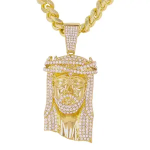 XL Iced Out Jesus Face Pendant  Link Chain | 14K Gold Plated CZ Stones Hip Hop Jewelry for Men