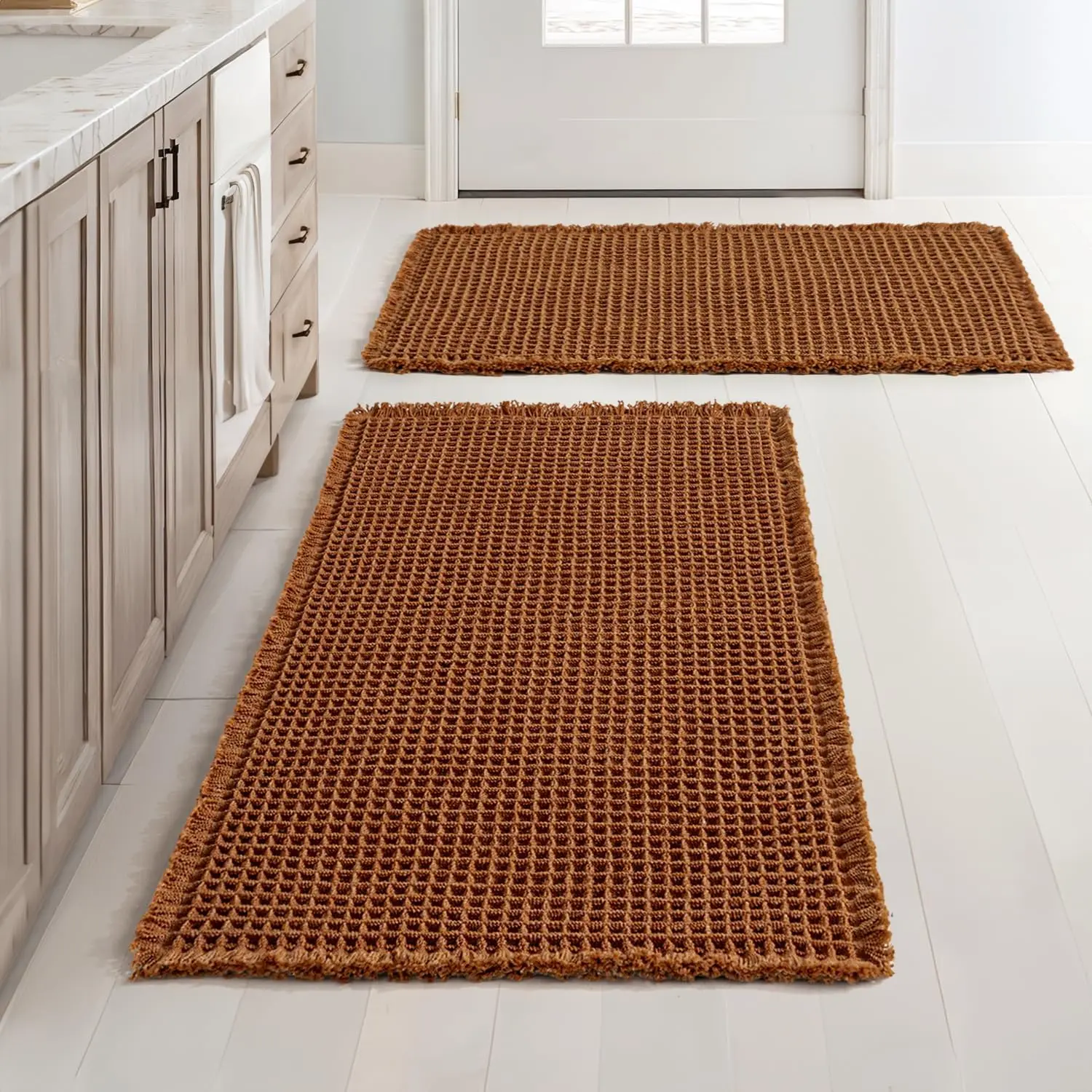 Terracotta Boho Rectangle Bathroom Rugs Set of 2 (18x30 in), 3D Double Layer Deep Waffle Texture, Non-Slip Rubber Backed, Ultra Soft, Super Absorbent, Washable Indoor Floor Mats for Tub, Bathroom Drying Doormat