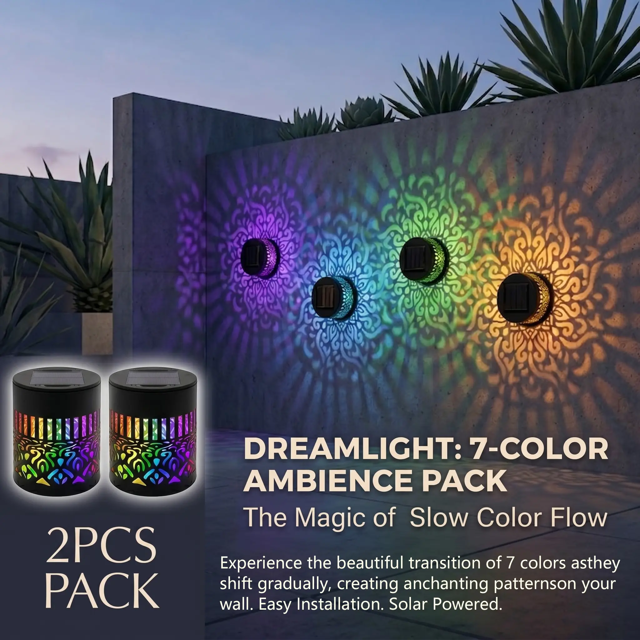 2-Pack Solar Mandala Wall Lights, 7-Color Changing Waterproof Metal Fence Projector for Outdoor Garden Decor