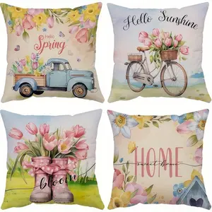 4pcs, Spring and Summer Flower Themed Throw Pillow Covers, Hello Spring Text, Truck, Bicycle and Flower Pattern, Spring Home Decor, Home Textile, 2D Flat, Single Sided Printing, No Pillow Core