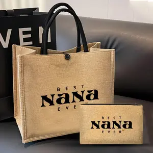 Set of 2 Nana Printed Tote Bags, Model 883, Lightweight Coarse Burlap, Ideal for Shopping & Travel, Includes Beach Bag & Cosmetic Pouch