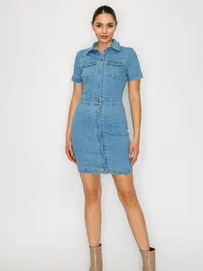 Women's Collar Fitted Pocket Denim Mini Dress