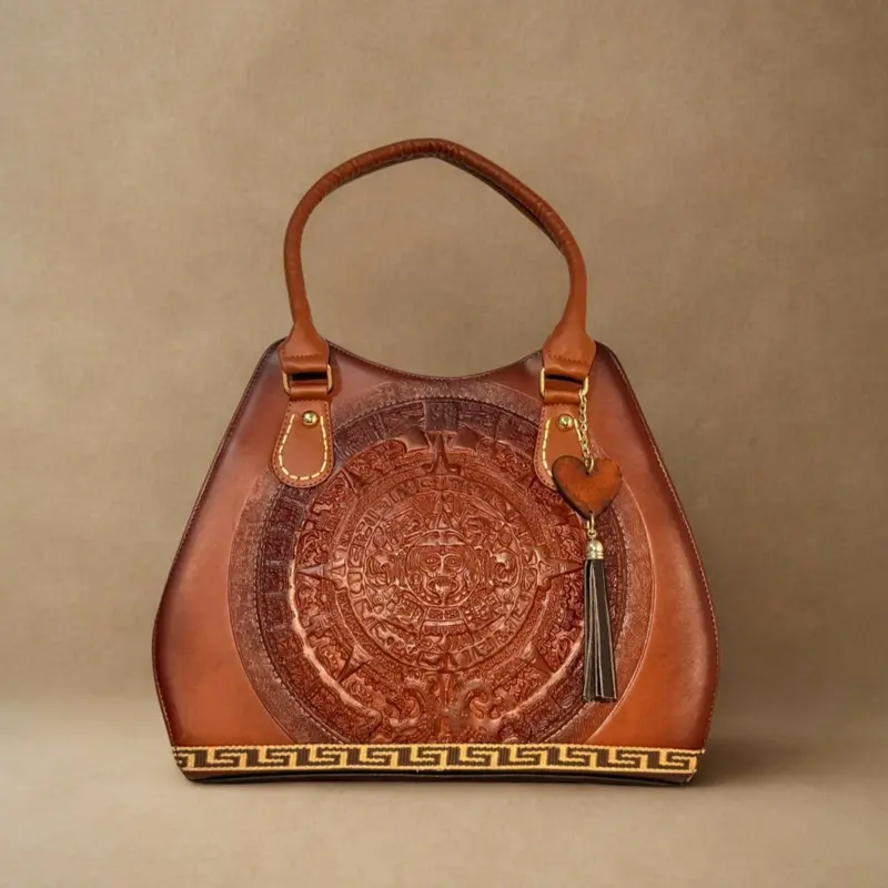 Vegan Leather Aztec Purse. Made in Mexico - Handcrafted with Intricate Design and Tassel Detailing