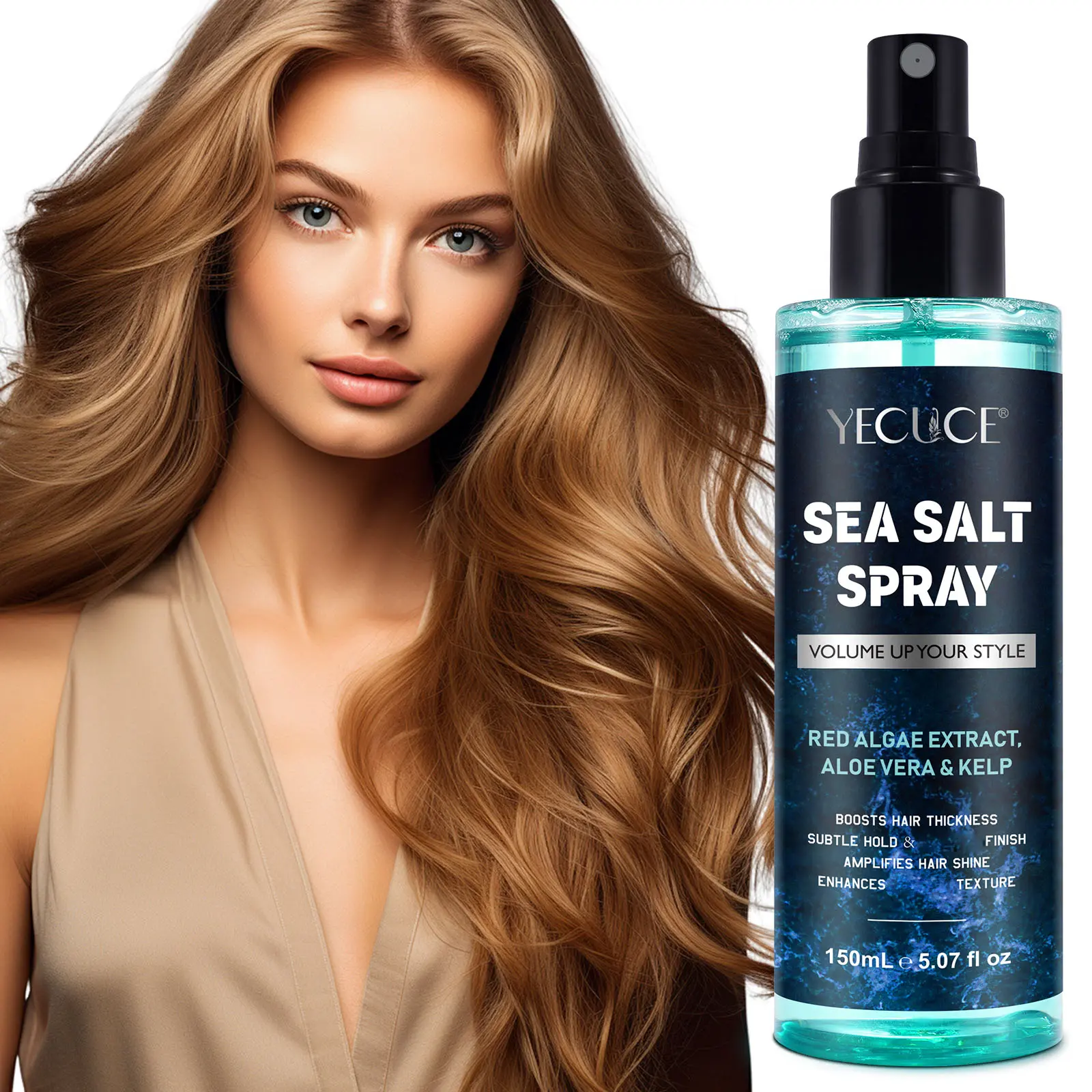 Yecuce Sea Salt Volume Spray for Fine Hair - Textured Beachy Waves, Hydrating Haircare with Red Algae & Aloe Vera, Light Hold Styling Mist for Diverse Hair Types, Volume Boost Dry Texturizing Mousse & Gel, 150ml Bottle