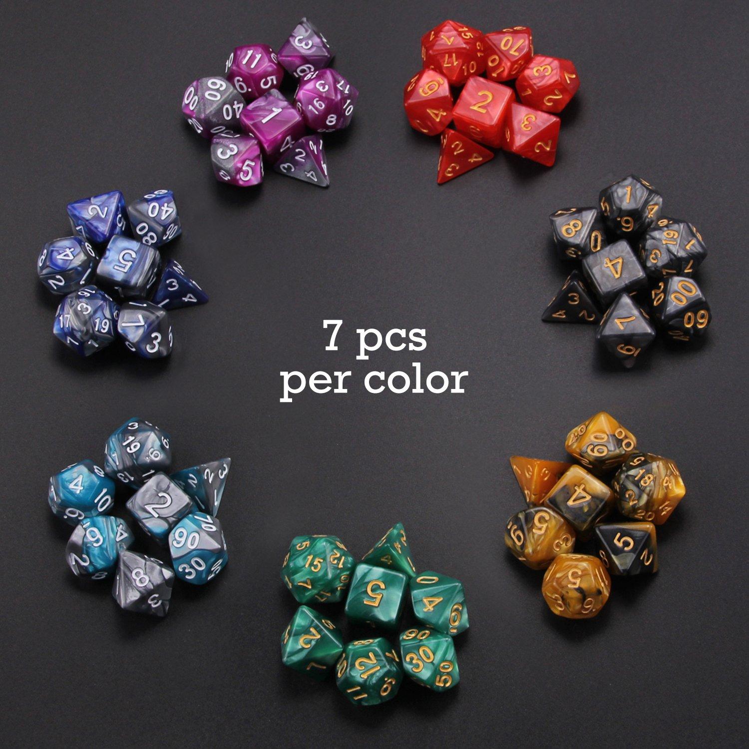 7 Sets (49PCS) Polyhedral Dice Set for Dungeons & Dragons/RPG, Complete D&D/DND Dice Sets (D20, D12, D8, D6, D4 & 2×D10 [0-9 & 00-90]) with 7 Pouches