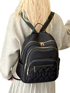 Heart Quilted Nylon Backpack, Multi-Zip Design, Waterproof, Large Capacity, Ideal for Students, School, Commute