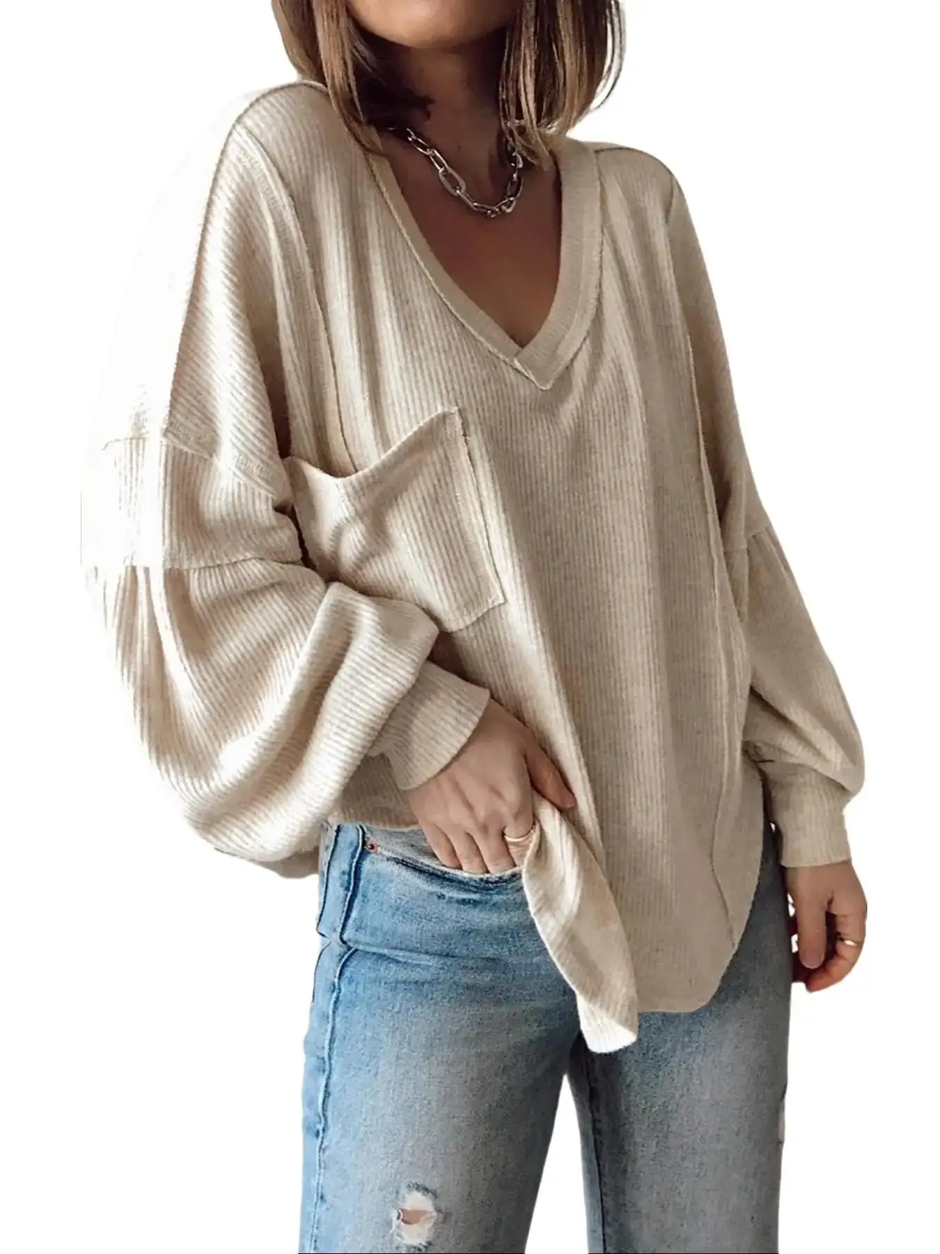 BTFBM Women's Casual Basic V-Neck Ribbed Knitted Shirts Pullover Tunic Tops Loose Balloon Sleeve Blouses Top