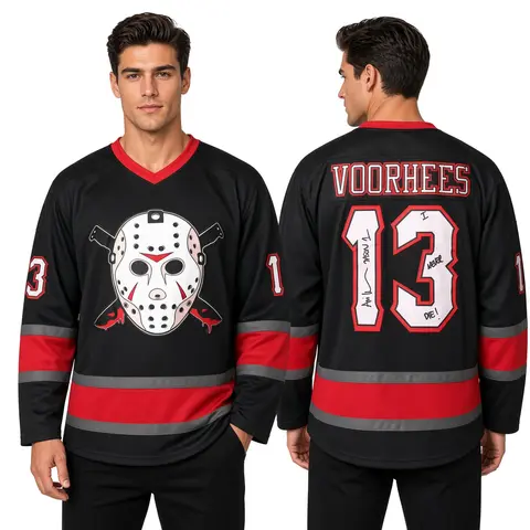 Jason Vorhees #13 Custom Sewn Performance Hockey Jersey - 95% Polyester Athletic Apparel, Sweat-Wicking, Halloween-Ready, Tie Neck, Durable, Breathable, Easy to Wash, Machine Washable, Horror-Edged Modern Jersey for Friday the 13th