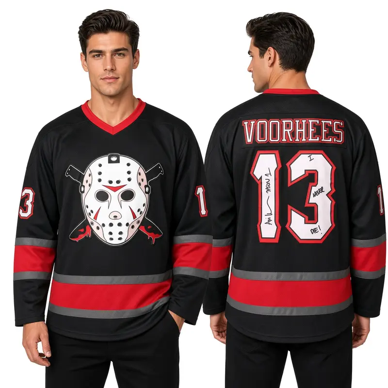 Jason Vorhees #13 Custom Sewn Performance Hockey Jersey - 95% Polyester Athletic Apparel, Sweat-Wicking, Halloween-Ready, Tie Neck, Durable, Breathable, Easy to Wash, Machine Washable, Horror-Edged Modern Jersey for Friday the 13th