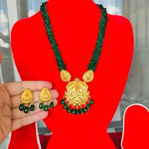 Green hydro potey goddess Laxmi gold plated set with earrings