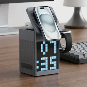 15W Fast Wireless Magnetic Phone Charger for iPhone & Android; Charging Station for Multiple Devices with Alarm Clock; Wireless Speaker; Pixel Display for AirPods; Apple Watch (No Adapter)#Easter Day