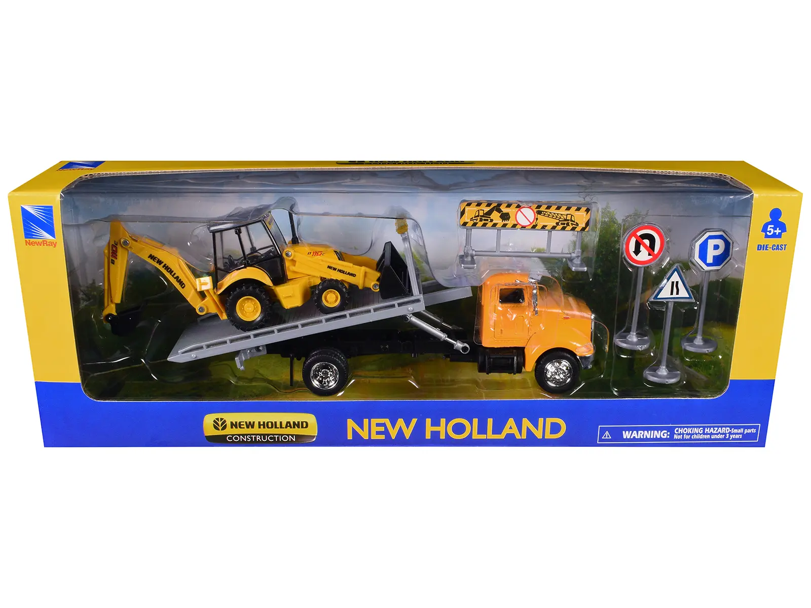 Peterbilt 335 Roll-Off Flatbed Truck and New Holland B110C Backhoe Loader with Street Signs Diecast Models by New Ray