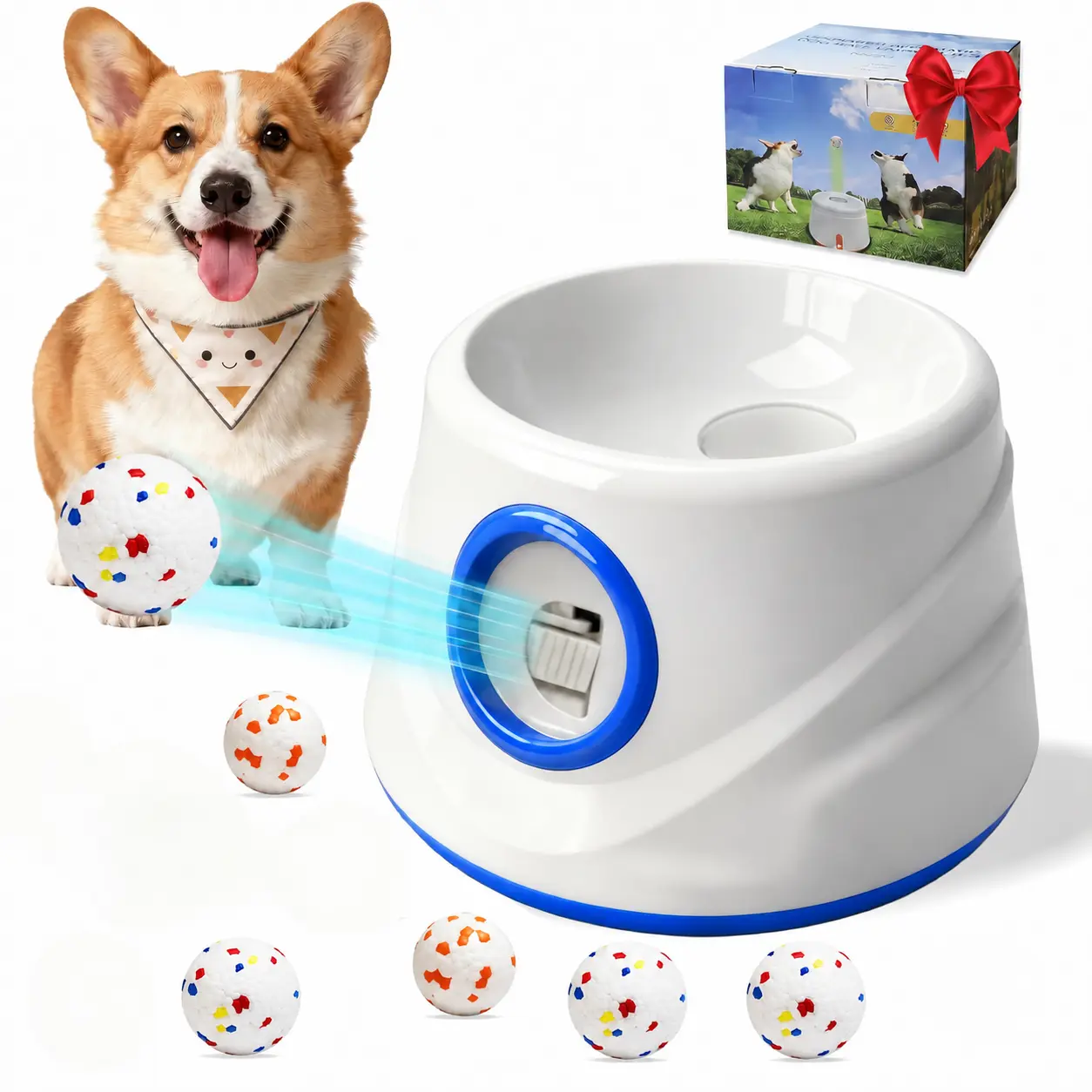 Automatic Ball Launcher for Dogs with 6 Balls - Adjustable Distance up to 50ft,Charger, Whistle & Storage Bag - Interactive Fetch Machine Toy for Indoor Outdoor Play, for Medium Large Breed Dogs