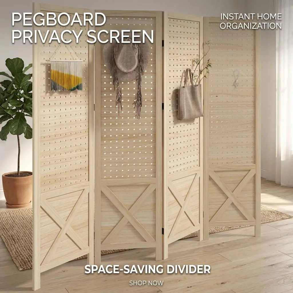 littleox 4 Panel Pegboard Display Room Divider, 4.7' Tall Wood Indoor Portable Folding Privacy Screen, Partition Wall Divider for Home Office, Natural