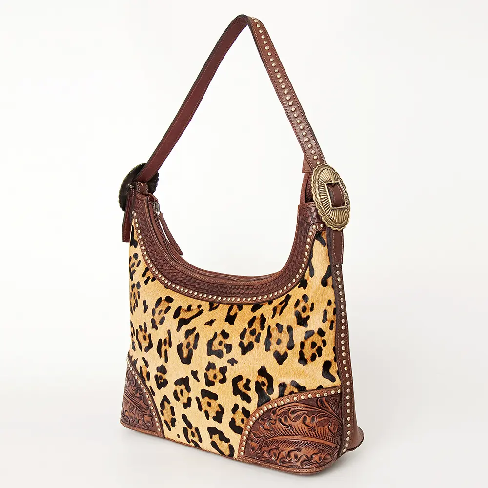 American Darling Hobo Bag, Hand-Tooled Floral Western Leather Purse with Hair-On Cowhide, 9in (H) X 15in (W) X 5in (D)