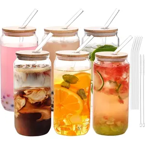 6 Pack Bamboo Lid Glass Drinking Glasses with Glass Straw - 20-ounce Can Shaped Glassware for Beer, Iced Coffee, Cocktails, Whiskey, and More, Perfect for Cocktails, Whiskey, and Gifting