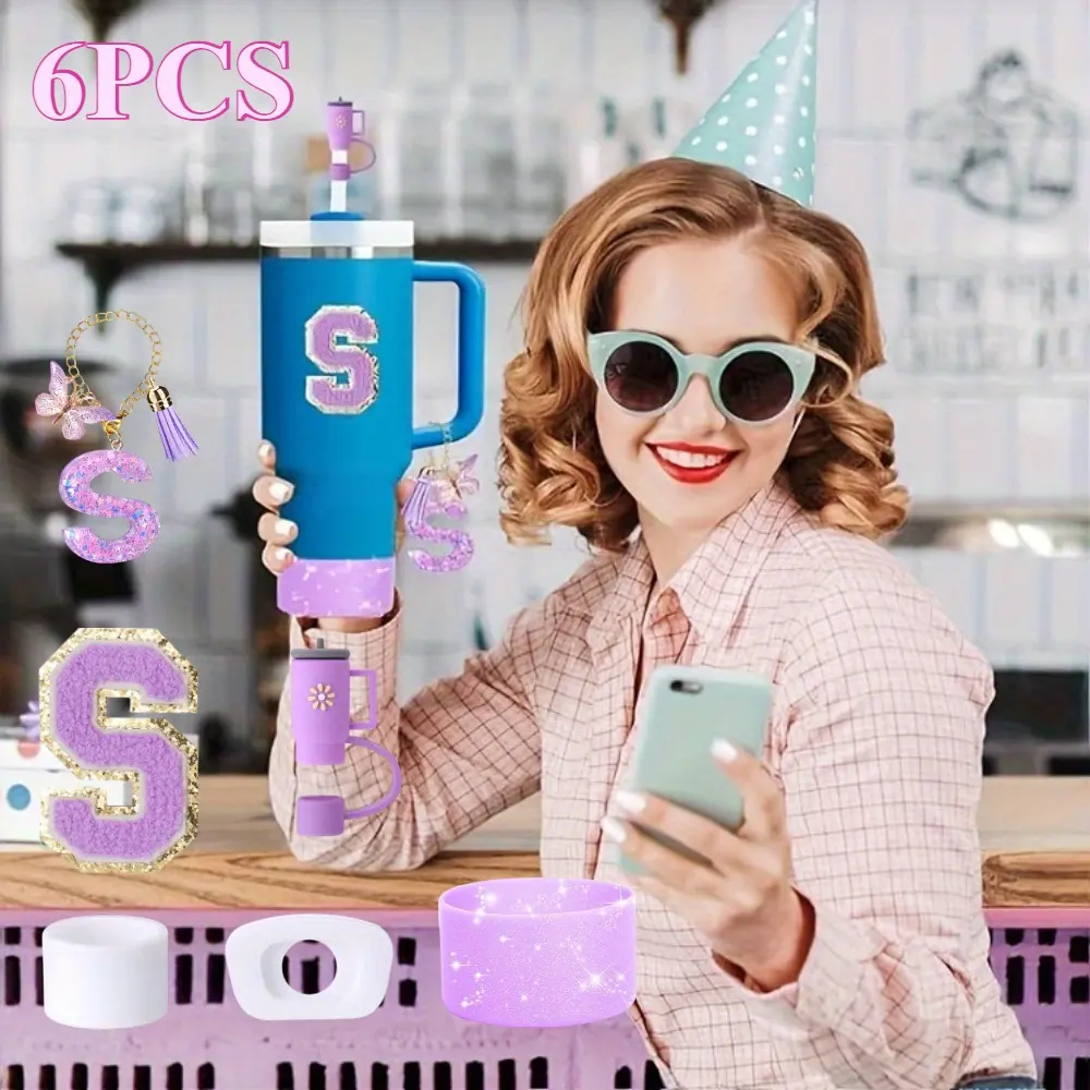 Accessories Set for Stanley Cup, Initials Decorations for Tumbler Cup 30/40OZ, Including Straw Topper/Spill Proof Stopper/Sparkly Silicone Boot Set/Letter Charms for Handle halloween