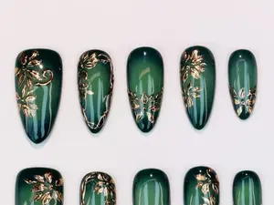 Green Ombre & Gold Floral Almond Press On Nails Hand-painted Leaf Design Luxury Nail Art for Party Festival Birthday Gift Nails Salon Look in Minutes Easy Reusable Long Lasting