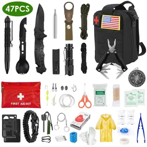 47Pcs/Set Emergency Survival Kit for Outdoor Survival Gear Equipment Tool First Aid Supplies Kit Tools with Pouch for Hiking Hunting Disaster Camping Adventure