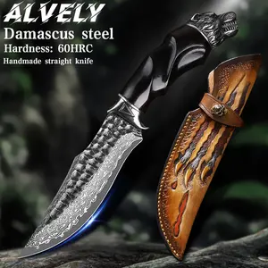 ALVELY Handcrafted 10-inch Damascus Steel Fixed Blade Hunting Knife with Leather Sheath, Wolf Head Metal and Ebony Handle, Men's EDC Belt Knife