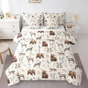 Woodland Animals 7 Piece Comforter Bed Set,Bear Deer Hunting Theme Bedding Set,Kids Child Bedroom Cartoon Rabbit Wolf Fox Wildlife Duvet Insert Rustic Bed Set